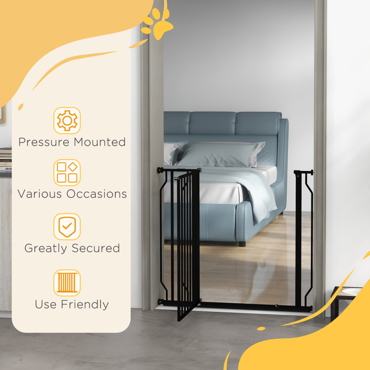 PawHut Dog Gate Wide Stair Gate with Door Pressure Fit, 75-95W cm, Black