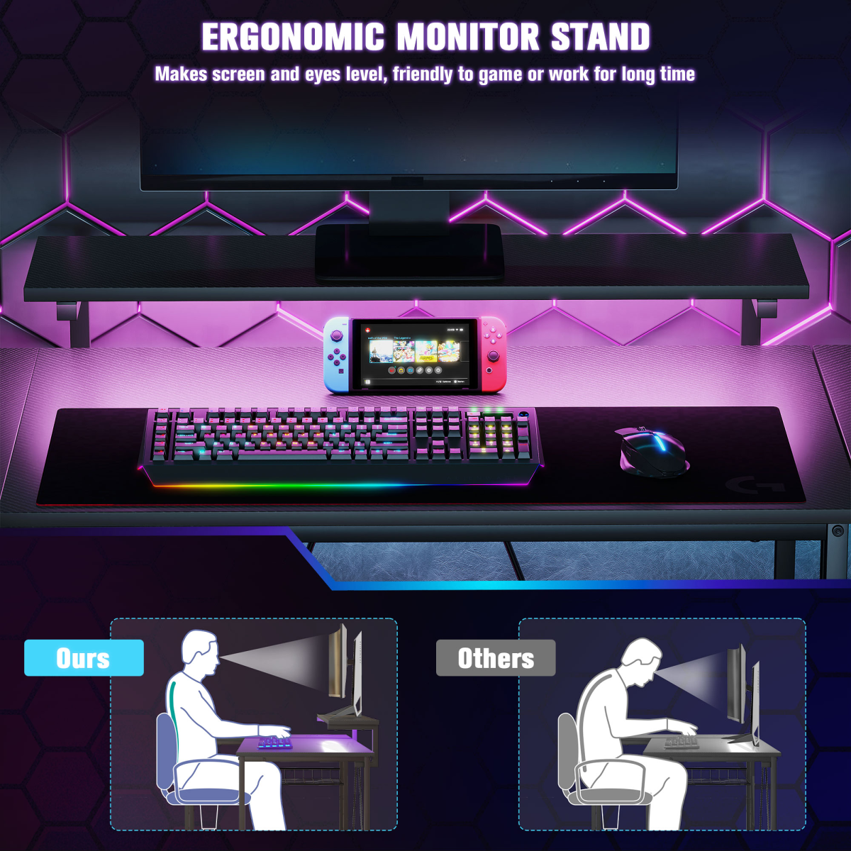 HOMCOM L Shaped Desk with LED Lights Reversible Corner Gaming Desk with Storage