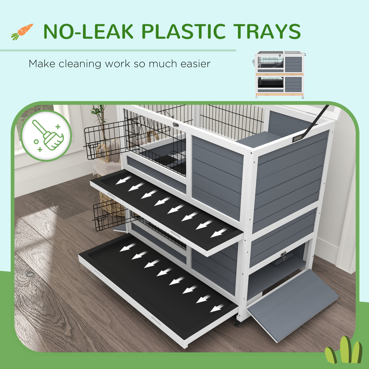 PawHut Double Deckers Indoor Rabbit Hutch w/ Feeding Trough, Slide-Out Trays