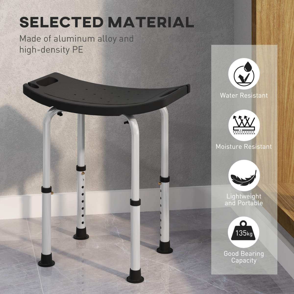 HOMCOM Aluminium Shower Stool w/ Adjustable Height Non-Slip Bath Stool Black