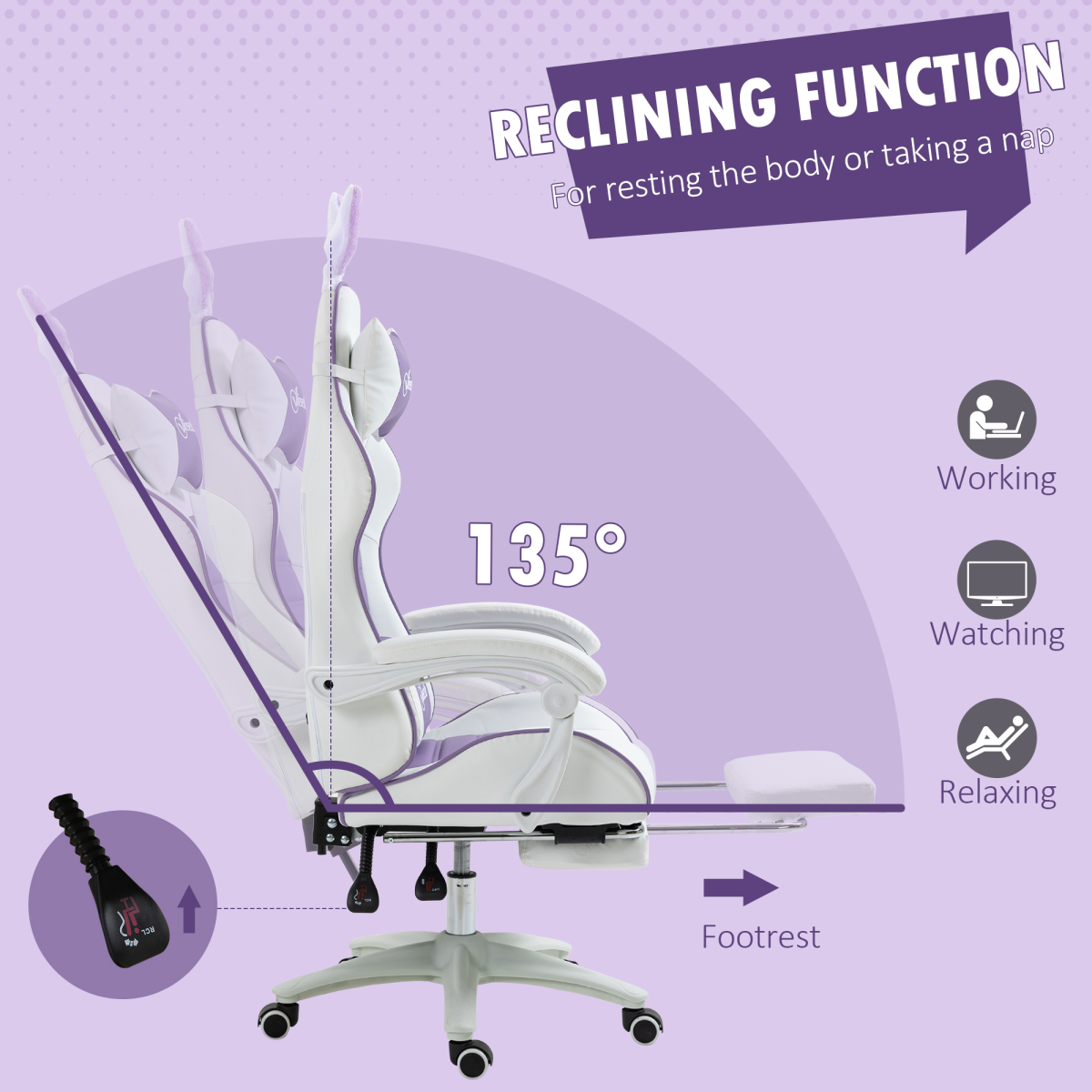 Vinsetto Racing Style Gaming Chair with Footrest Removable Rabbit Ears, Purple