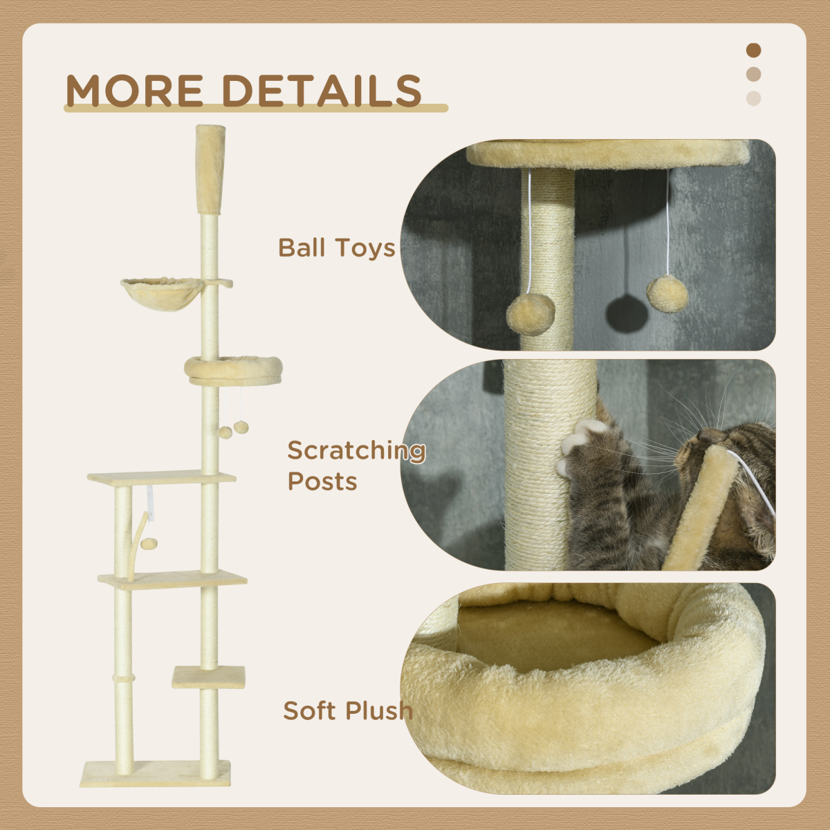 6-Tier Floor to Ceiling Cat Tree with Scratching Post, Bed, Hammock, Beige