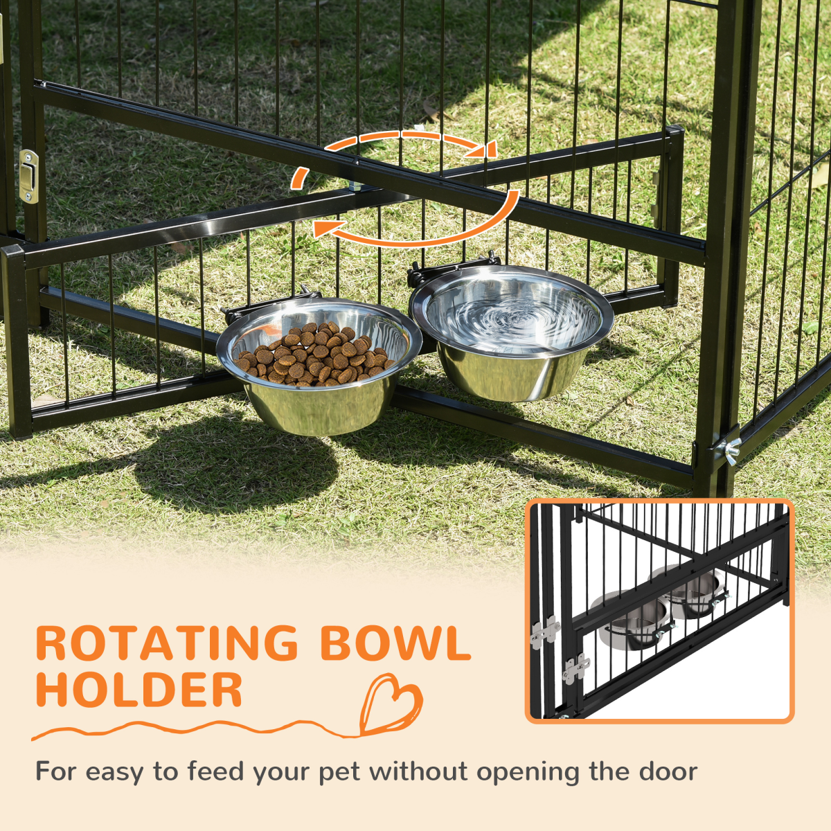 Outdoor Dog House Kennel with Canopy Top & Secure Lock Rotating Bowl Holder
