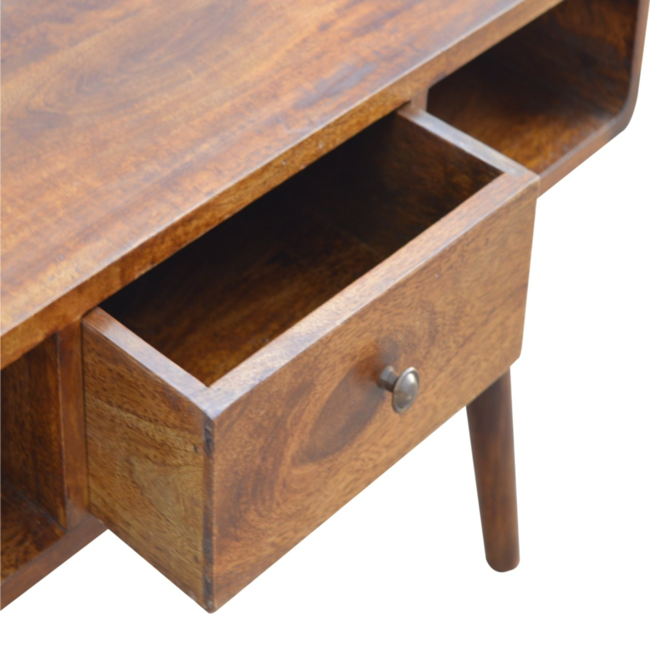 Artisan Furniture Solid Wood Curved Chestnut Coffee Table, 2 Drawers, 2 Open Slots, Dark Brown