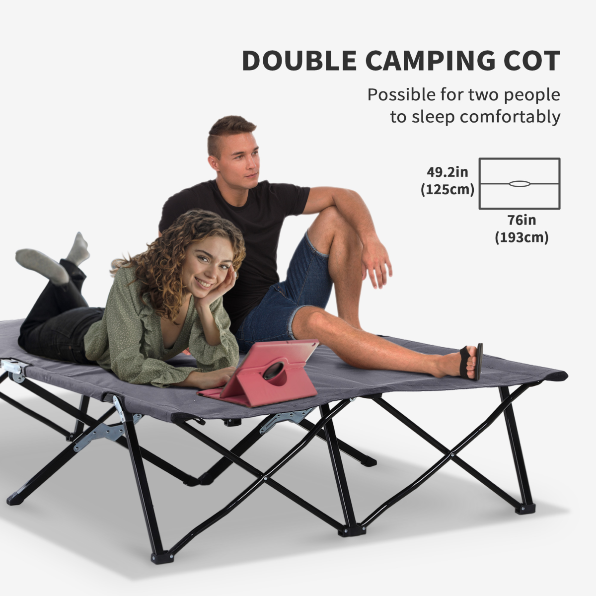 Outsunny Double Camping Folding Cot Outdoor Portable Sunbed w/ Carry Bag, Grey