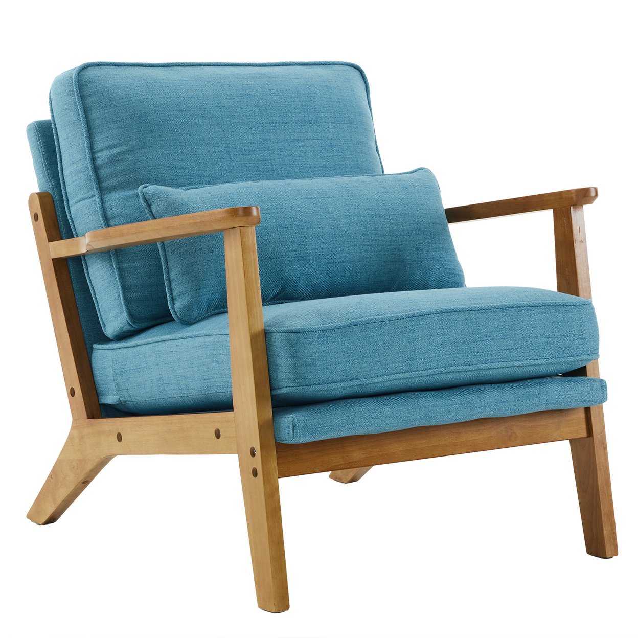 Mid-Century Oak Accent Chair - Linen-Cotton Navy Blue Upholstered Single Lounge Chair, Indoor Armchair with Sturdy Wood Frame (330LBS Weight Capacity)