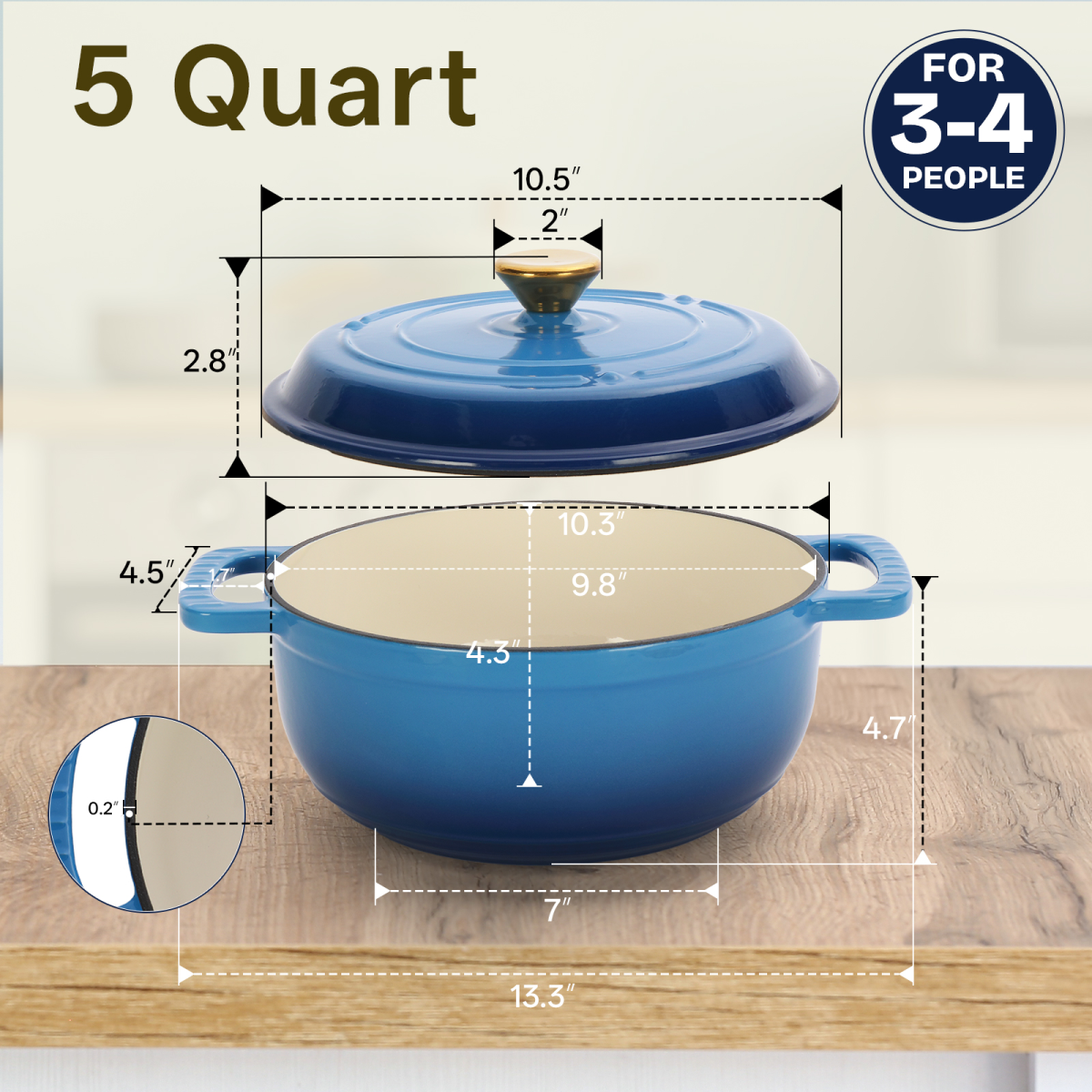 Cast iron 5QT cooking pot - Gradient blue - Includes two silicone gloves - Enamel pot