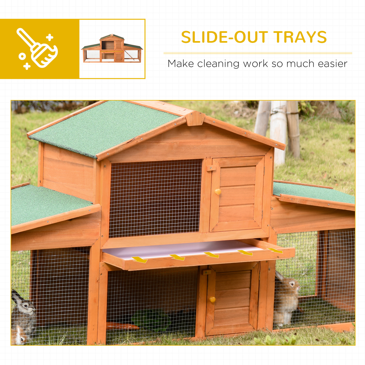 Deluxe Fir Wood Rabbit Hutch 2-Tier Metal Guinea Pig Small Animal House Pawhut