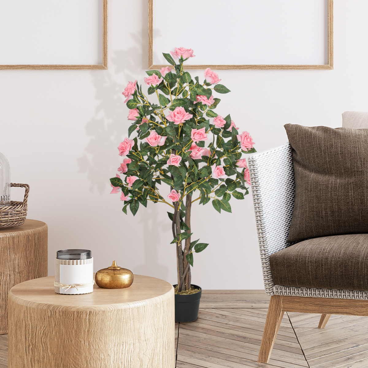 HOMCOM Set of 2 Decorative Artificial Plants Rose Trees in Pot, Pink