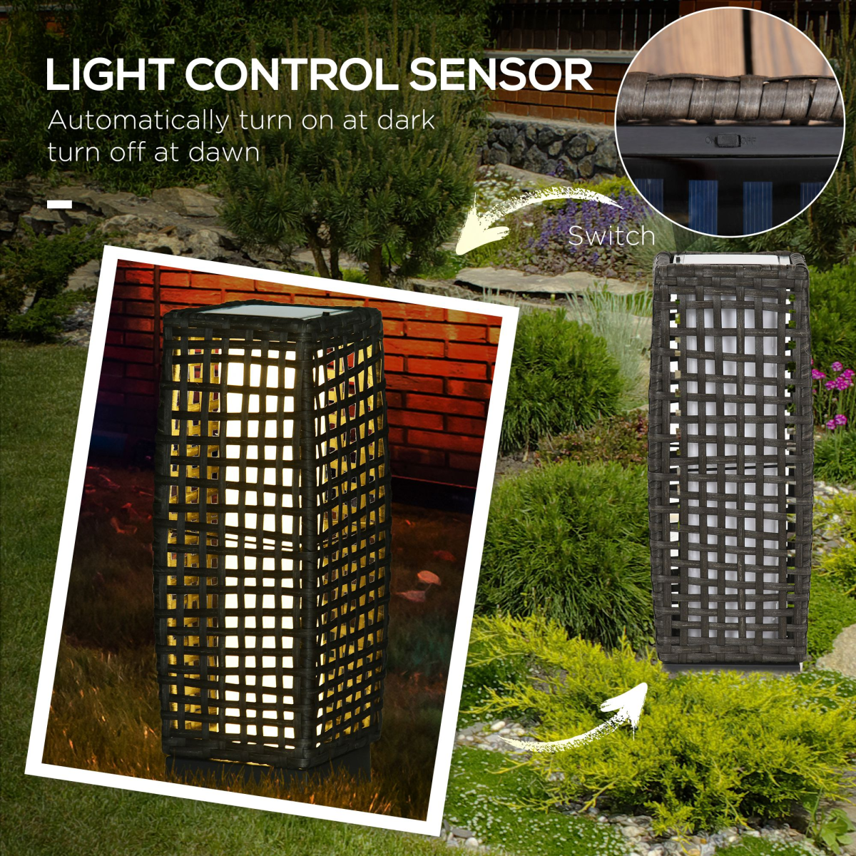 Outsunny Outdoor Rattan Solar Lantern wtih Auto On/Off Solar Powered LED Lights
