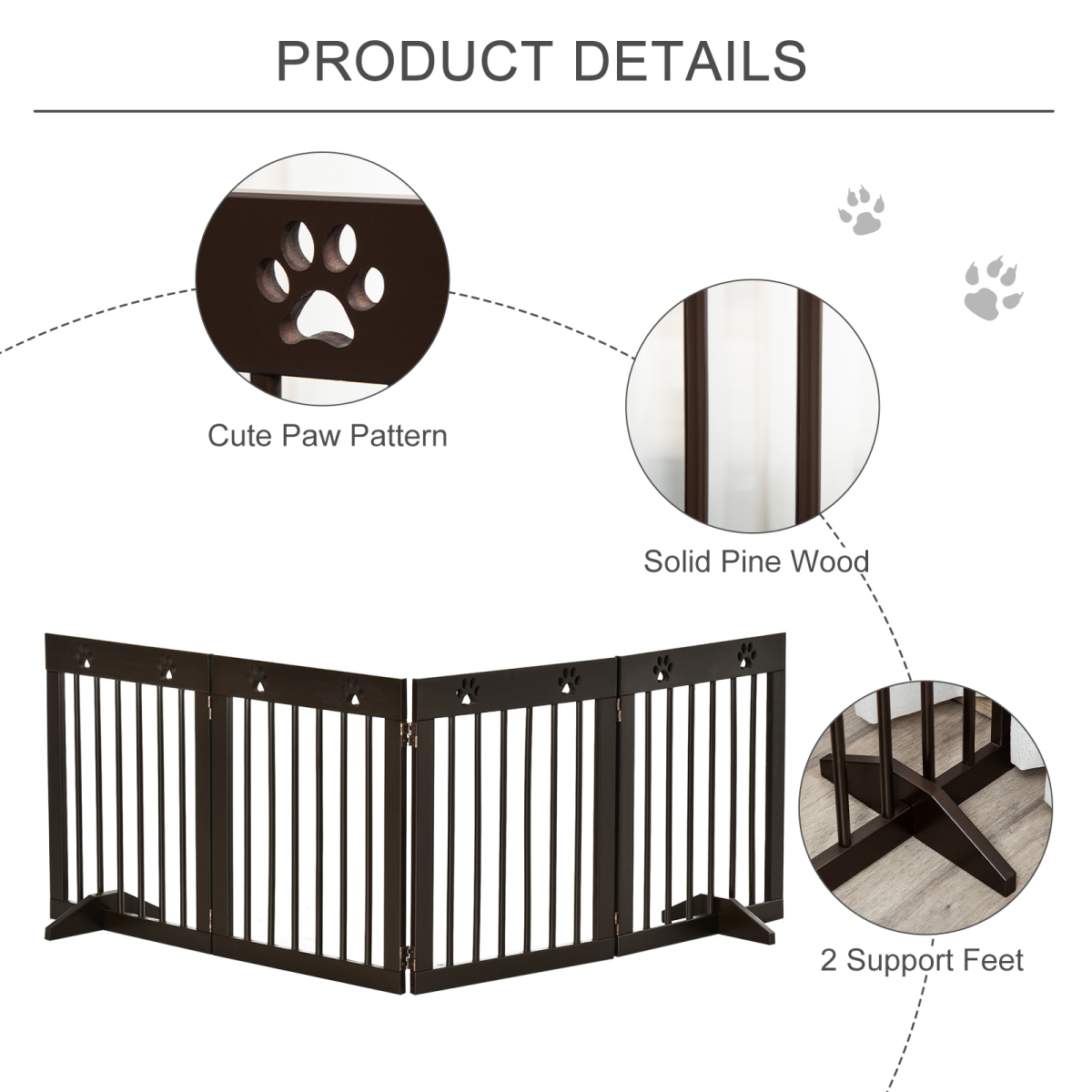 Freestanding Pet Gate 4 Panel Folding Wooden Dog Barrier  w/ Support Feet