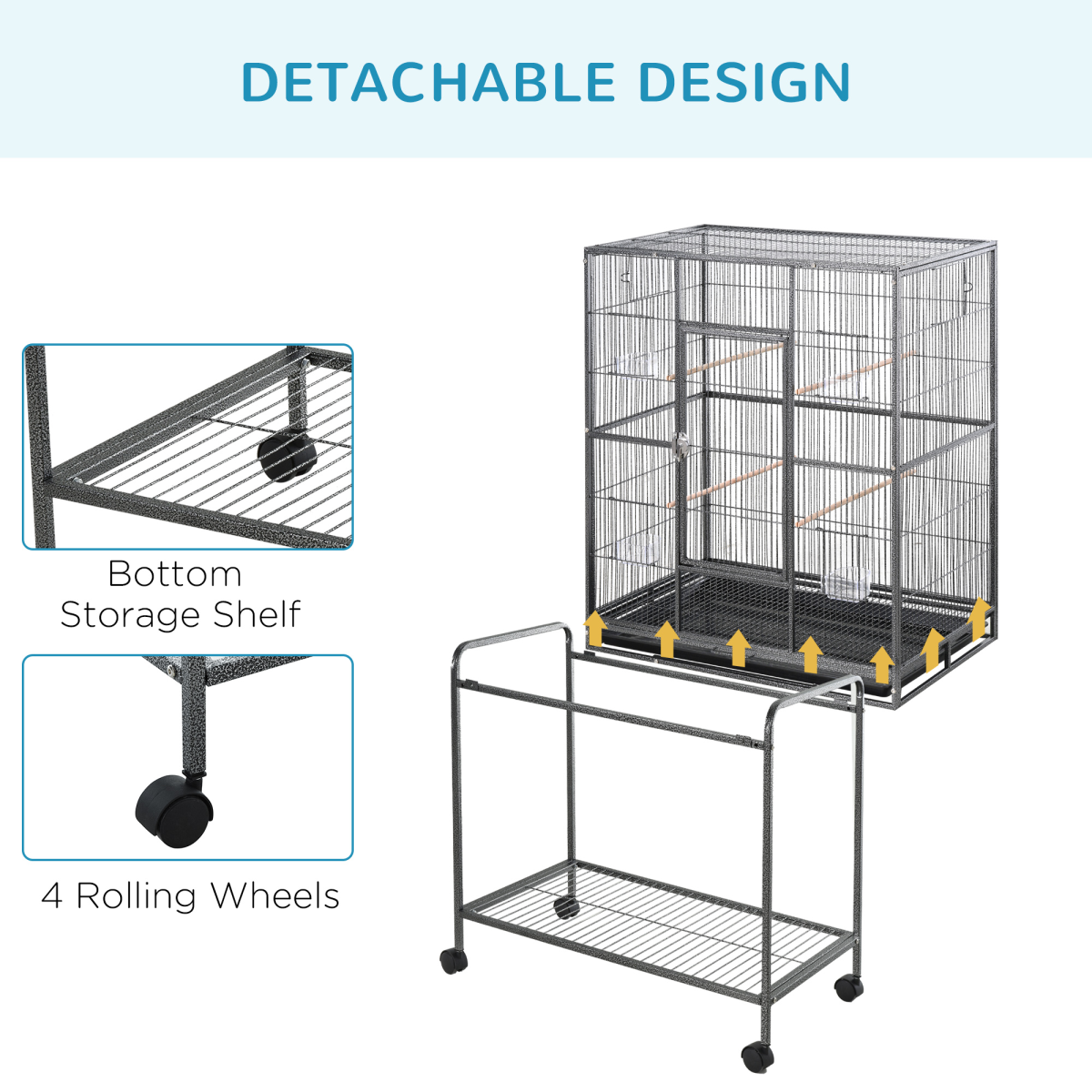 Rolling Bird Cage w/ Detachable Stand, Storage Shelf, Wood Perch, Food Container