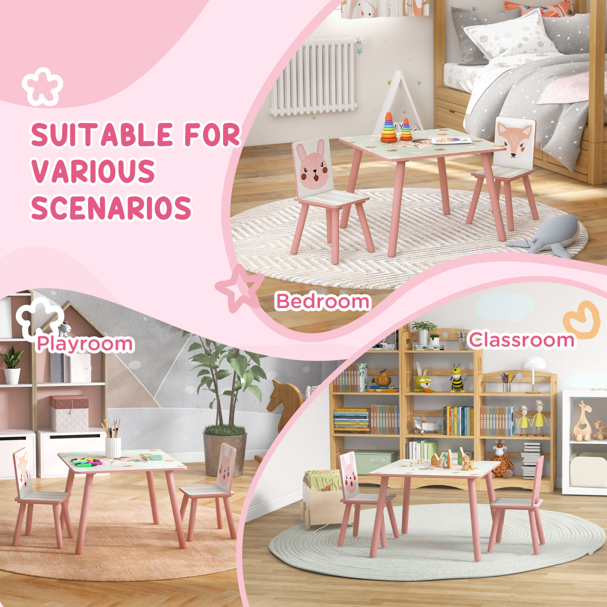 ZONEKIZ Kids Table and Chairs, Childrens Desk with 2 Chairs, Pink