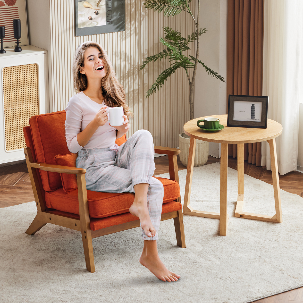 Mid-Century Modern Accent Chair with Wooden Frame - Oak Armrest, Linen-Cotton Burnt Orange Upholstery, Single Seater Lounge Chair for Living Room (Weight Capacity 330LBS)