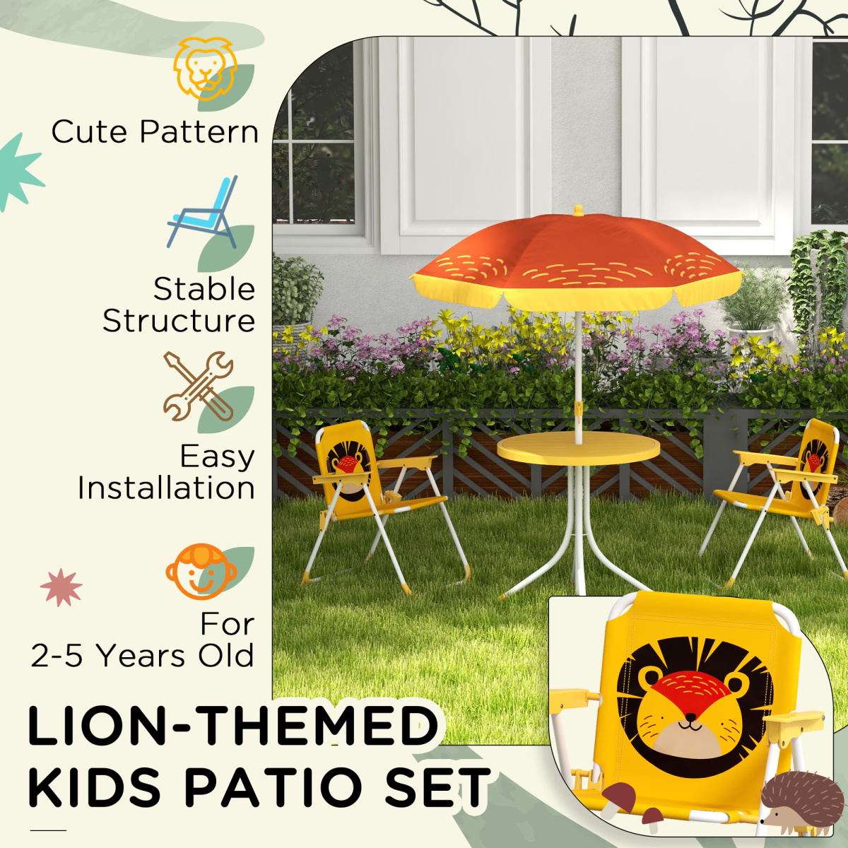 Outsunny Kids Bistro Table and Chair Set with Lion Theme, Adjustable Parasol