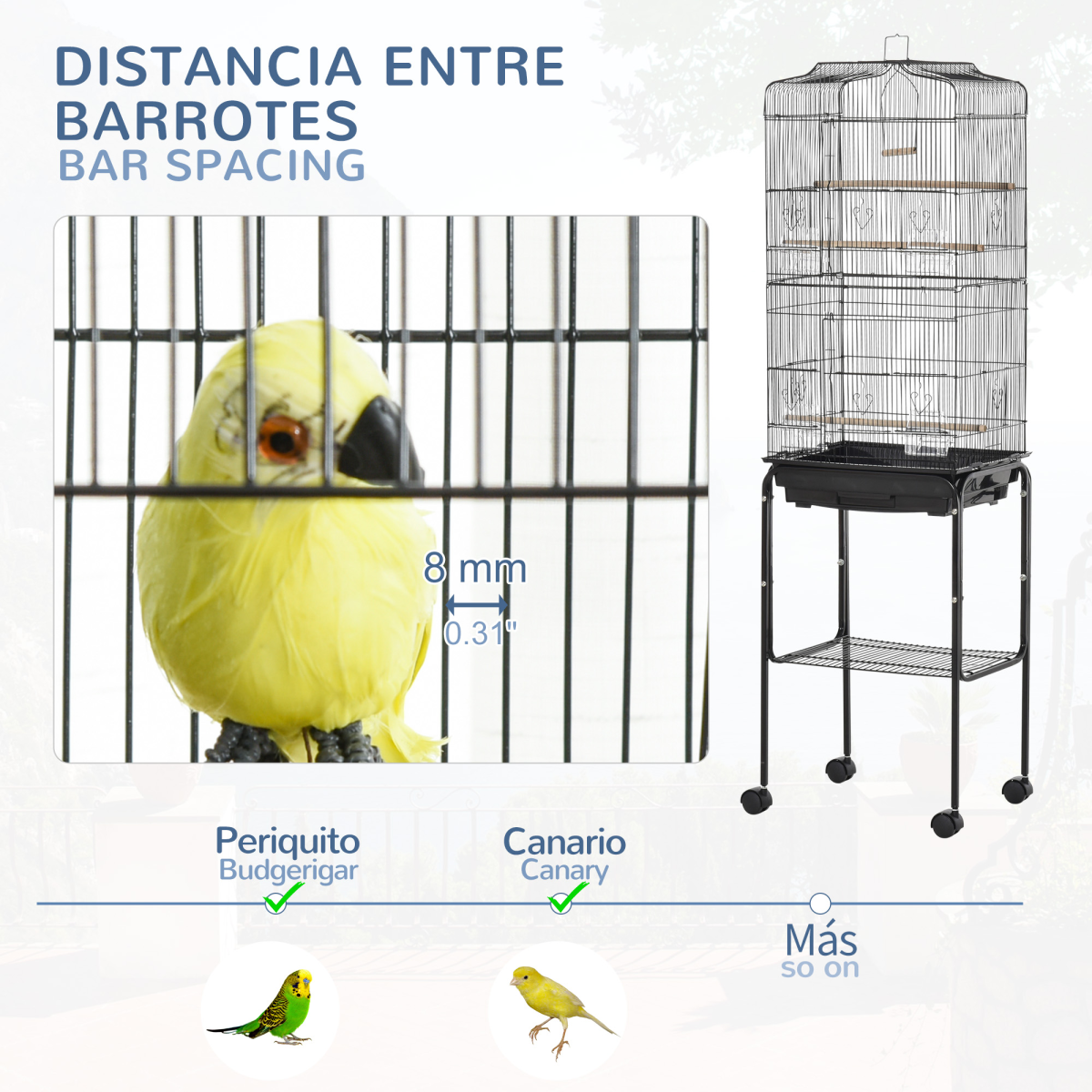 Bird Cage Metal Budgie Cages W/ Rolling Stand Slide-out Tray Storage Shelf Black