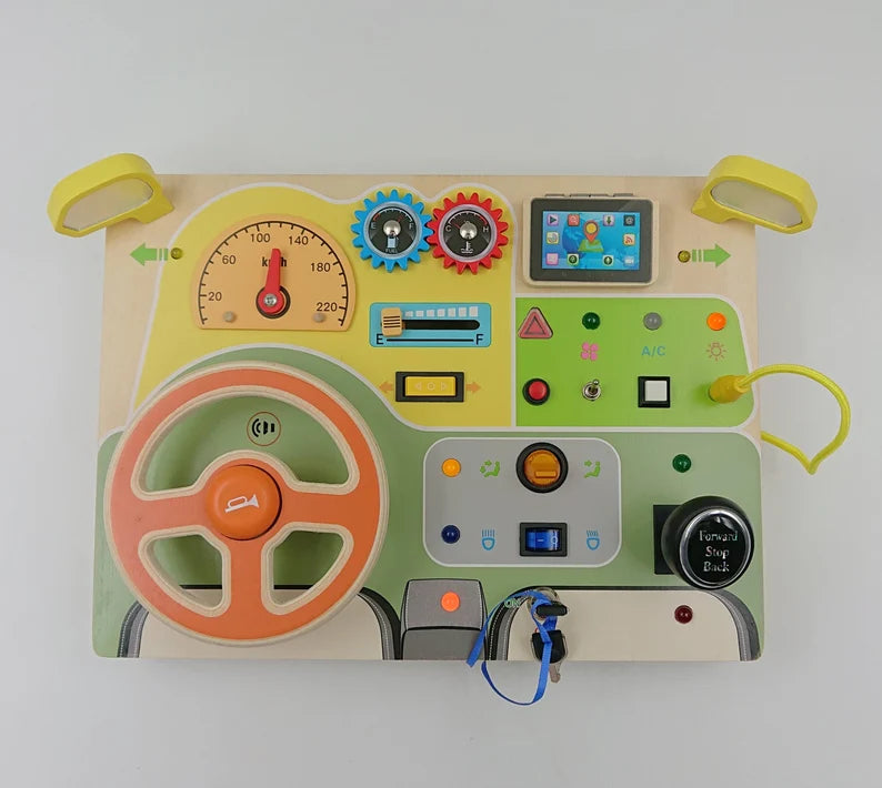 Natural Wood Car Driving Steering Wheel Montessori Busy Board with LED Lights, Engine Sounds, and Key Turn, Sensory Toy for Motor Skill Cognition Game