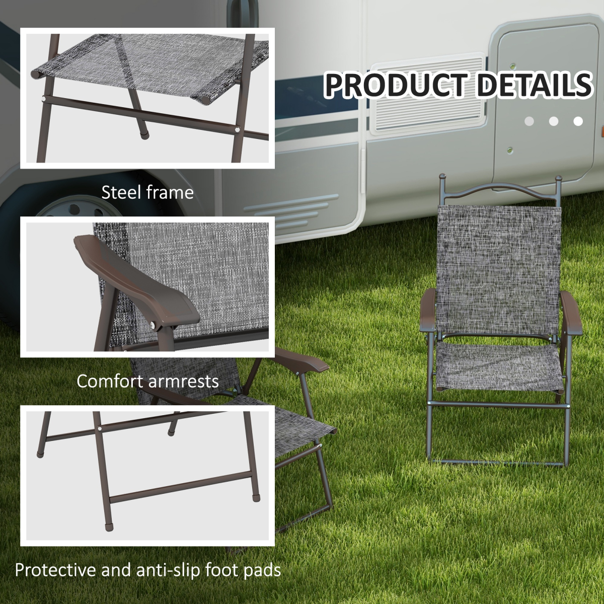 Outsunny Folding Chairs Set with Armrest, Breathable Mesh Fabric Seat, Grey
