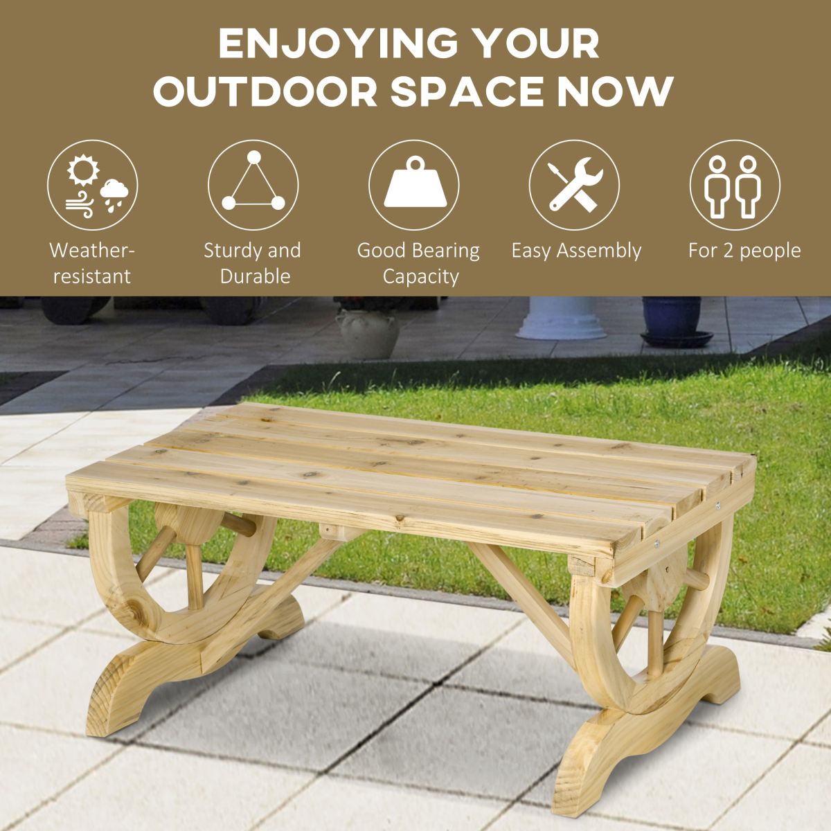 Outsunny Wooden Wheel Bench Rustic Outdoor Patio Garden Seat 2-Person Natural