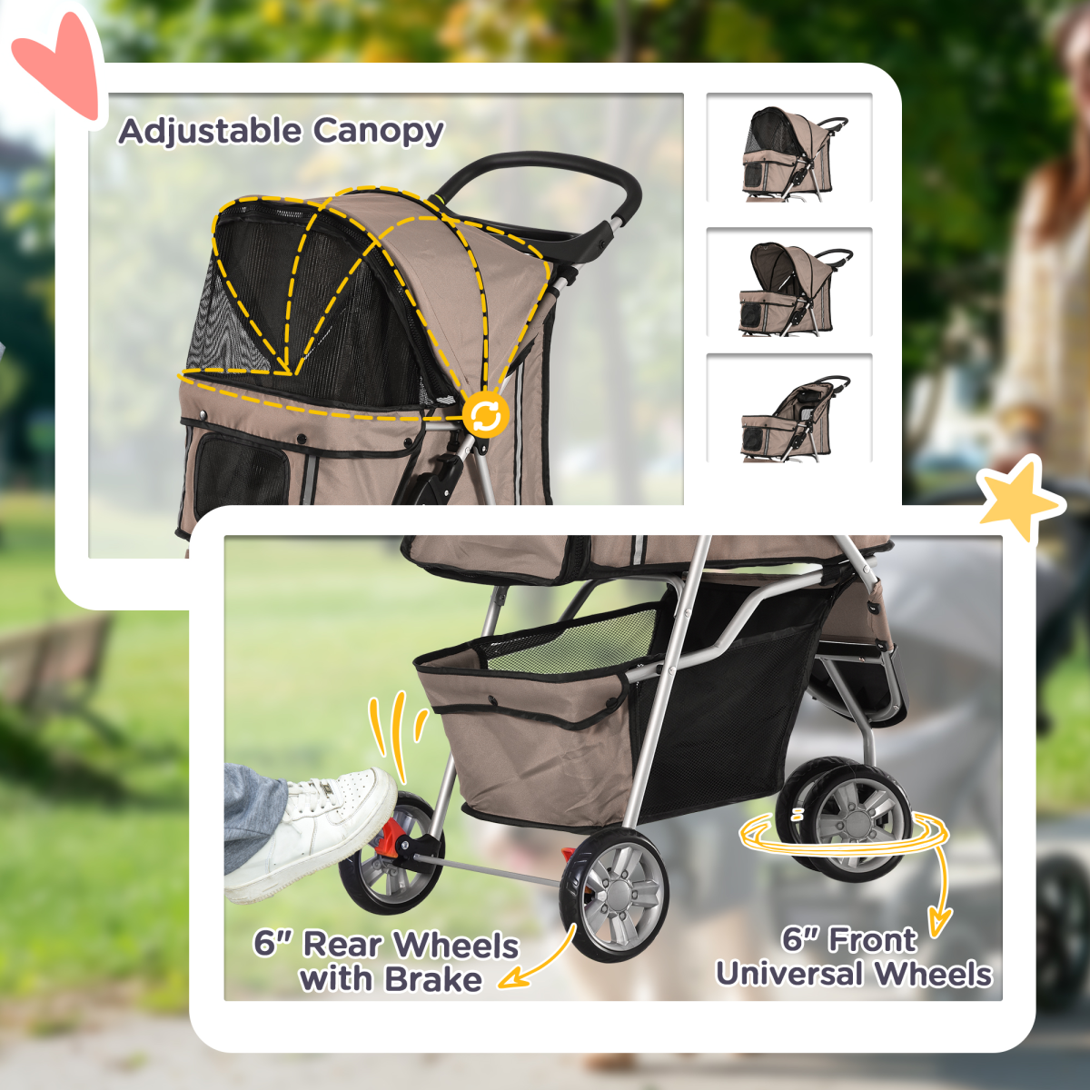 Pet Stroller Pushchair Carrier for Cat Puppy with 3 Wheels Brown Pawhut
