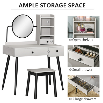 Dressing Table Set with 3 Drawers, Storage shelves and Stool, Grey
