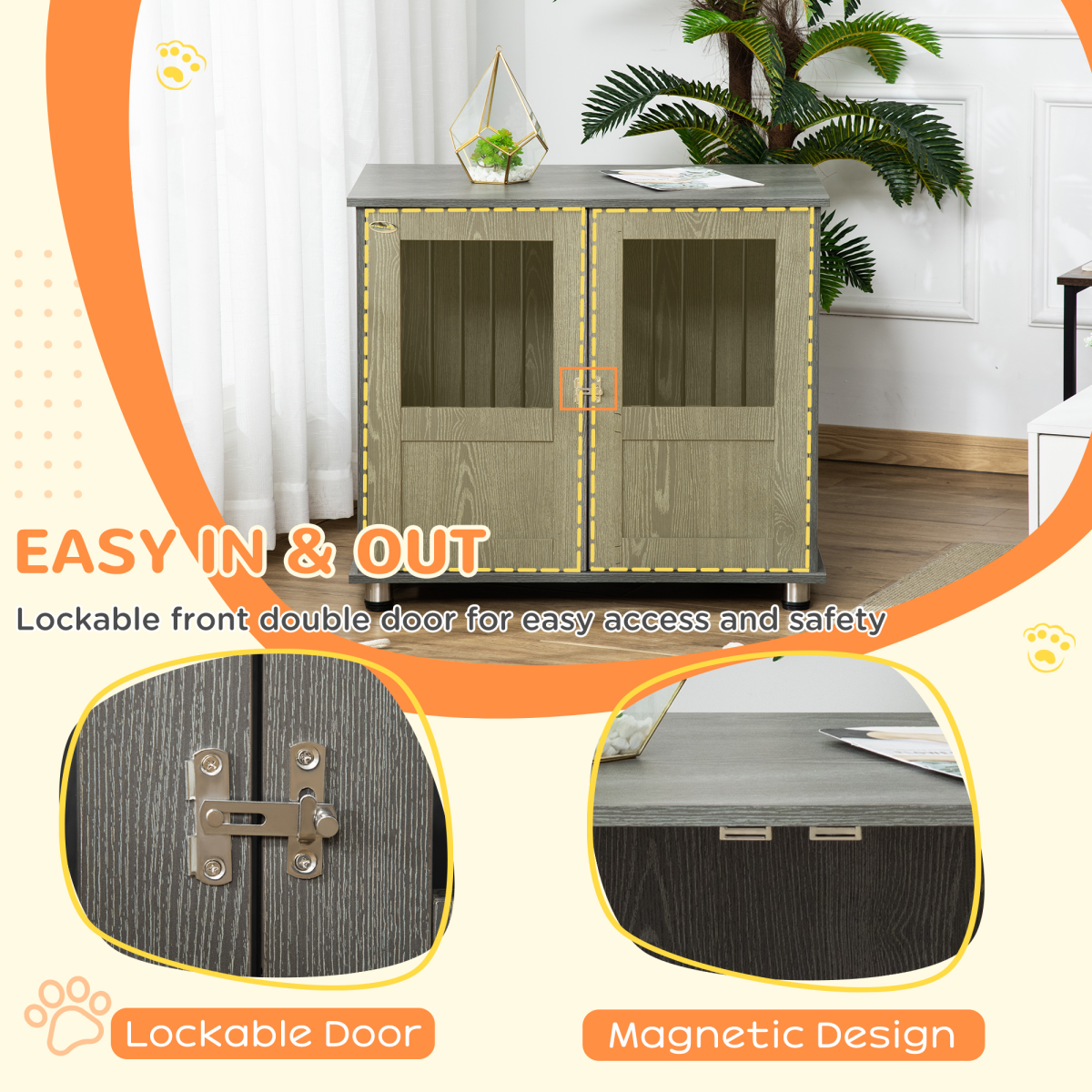 Wooden & Wire Dog Cage for Medium Dog, Stylish Pet Kennel w/ Magnetic Doors