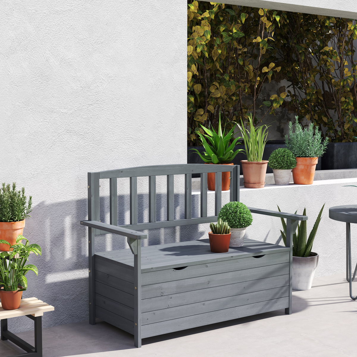 Outsunny Garden Storage Bench, 2 Seater Fir Wood Outdoor Bench, Dark Grey