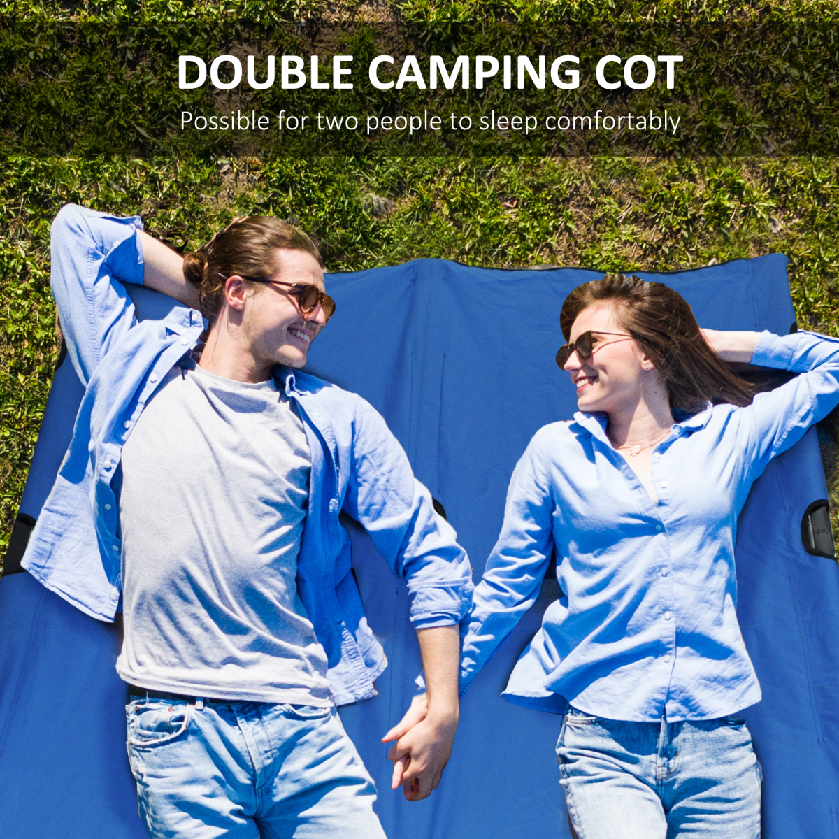 Double Camping Folding Cot Outdoor Portable Sunbed w/ Carry Bag, Blue Outsunny