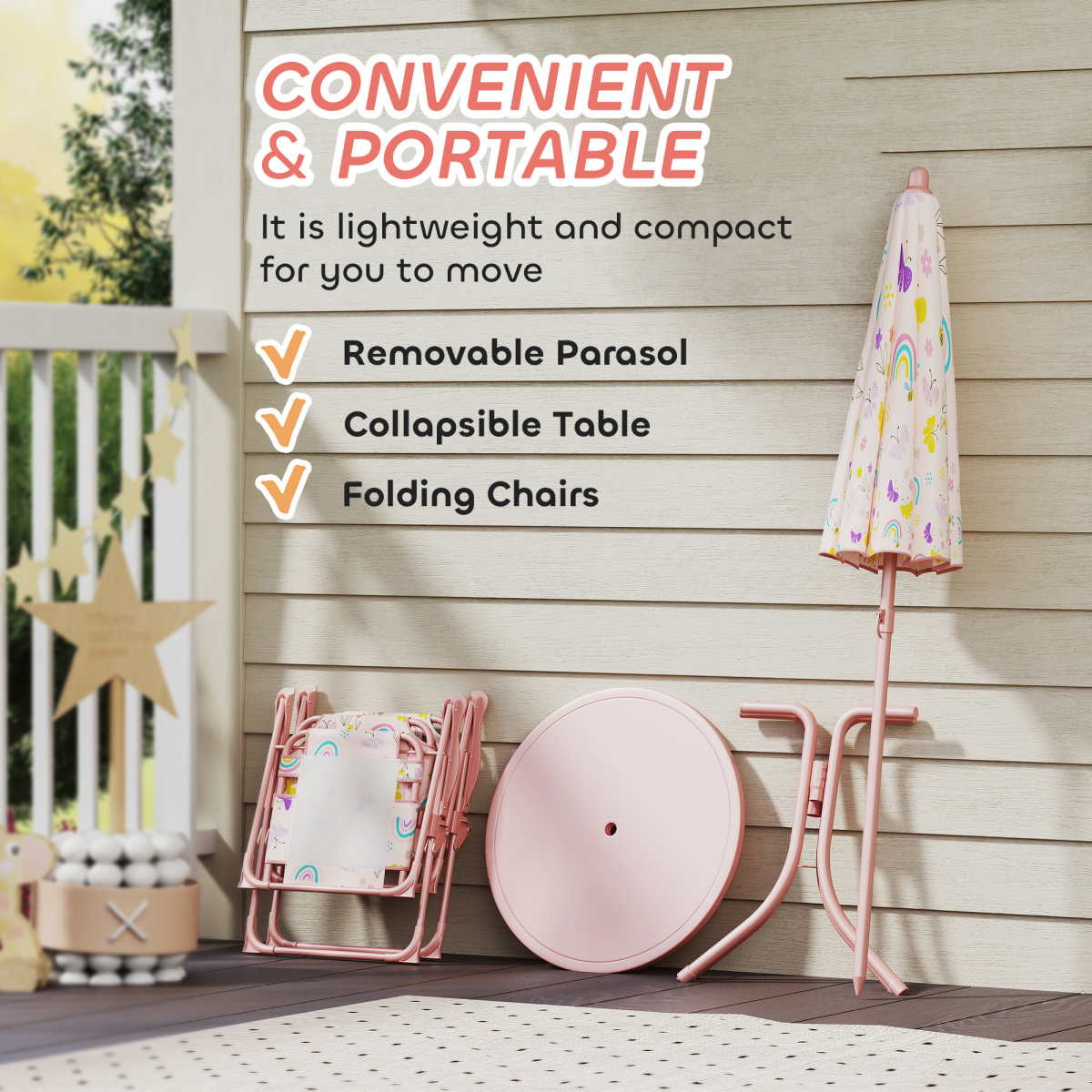 AIYAPLAY Kids Garden Table and Chair Set, Outdoor Patio Set w/ Parasol, Pink