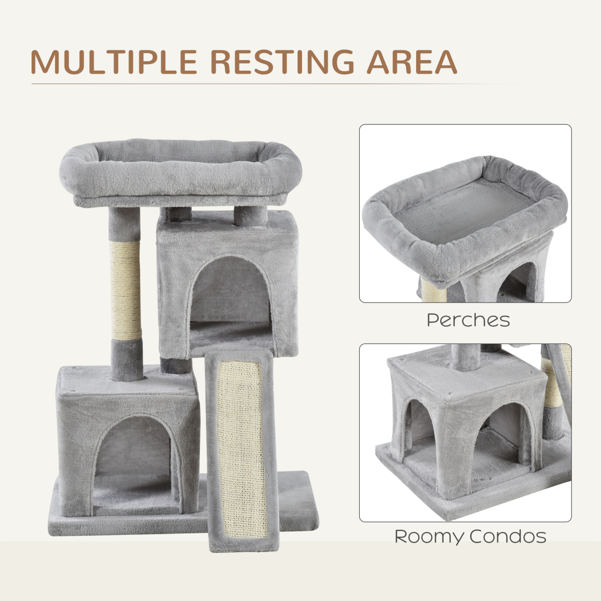 Cat Rest & Play Activity Tree w/ 2 House Cushion Perch Scratching Post Grey