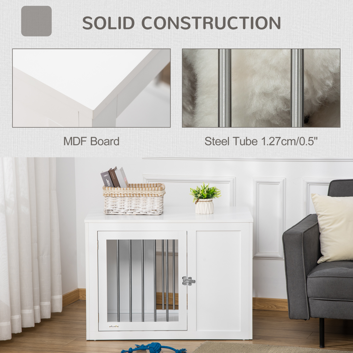 Furniture-Style Dog Crate End Table w/ 2 Doors, for Medium Dogs Pawhut