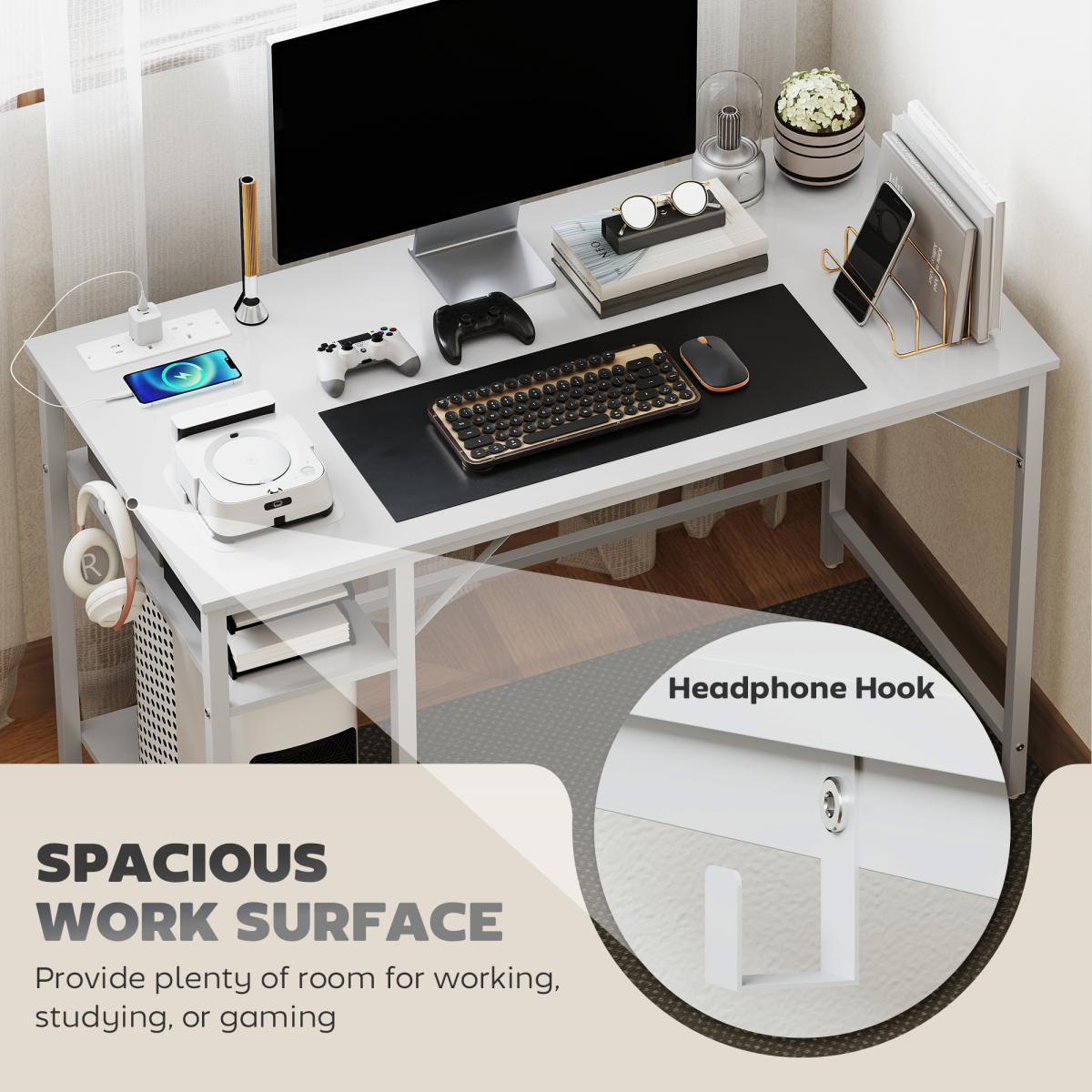 HOMCOM 120 x 60 cm Home Office Desk Reversible Study Table for Bedroom White