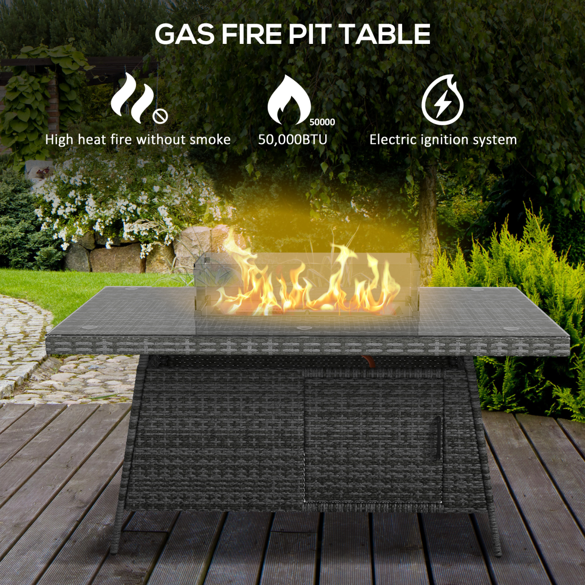 Outsunny PE Rattan Dining Set with Fire Pit Table and Cushioned Armchairs, Grey