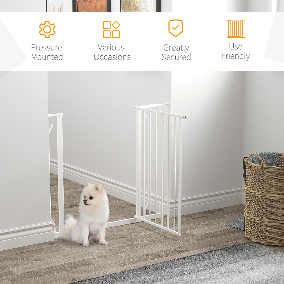 PawHut Dog Gate Wide Stair Gate with Door Pressure Fit, 75-95W cm, White