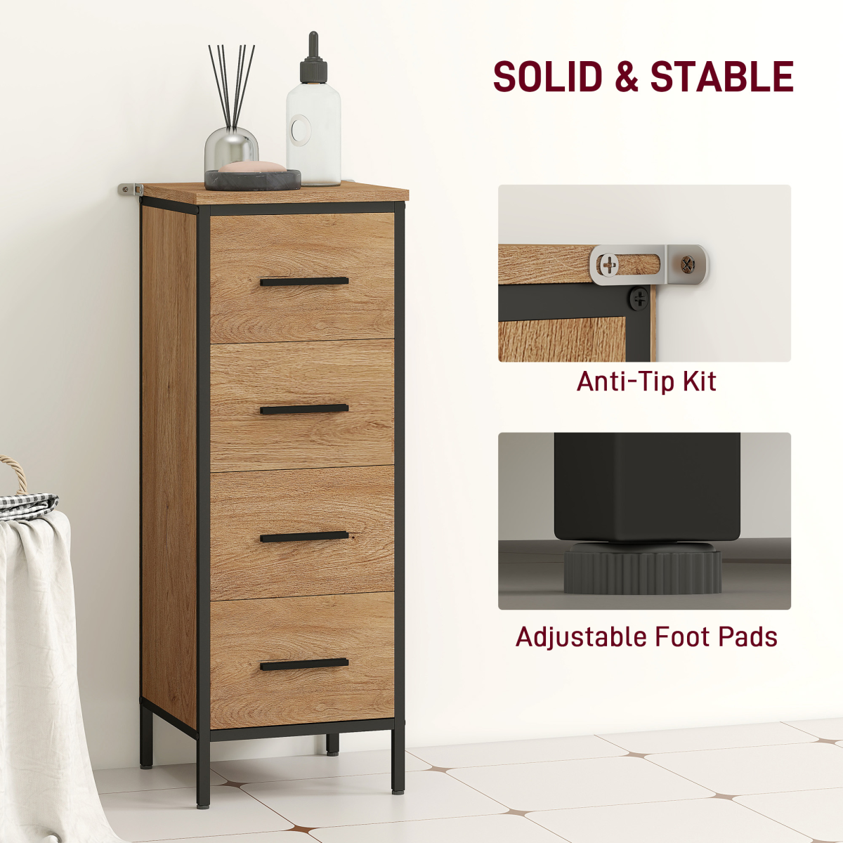 HOMCOM Narrow Bathroom Storage Cabinet with 4 Drawers for Small Spaces, Oak