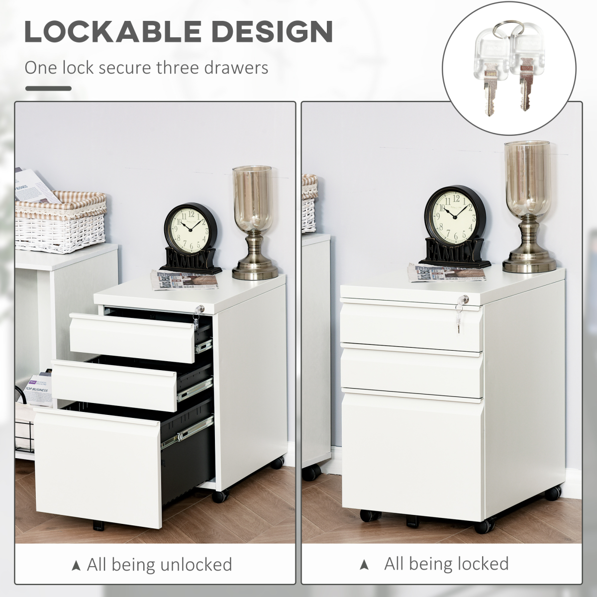 Mobile Vertical File Cabinet Lockable Metal Cabinet with 3 Drawers Vinsetto