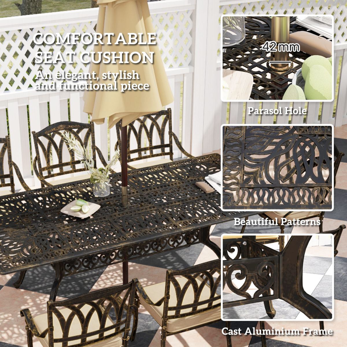 Elegant Nine-Piece Dining Set with Cushions & Parasol Hole for Outdoor Use