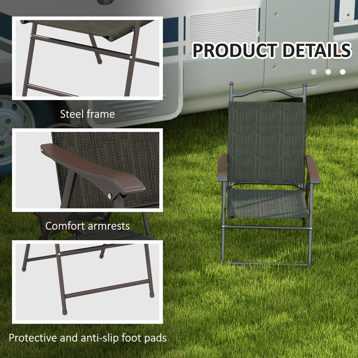 Outsunny Folding Chairs Set with Armrest Breathable Mesh Fabric Seat Dark Brown