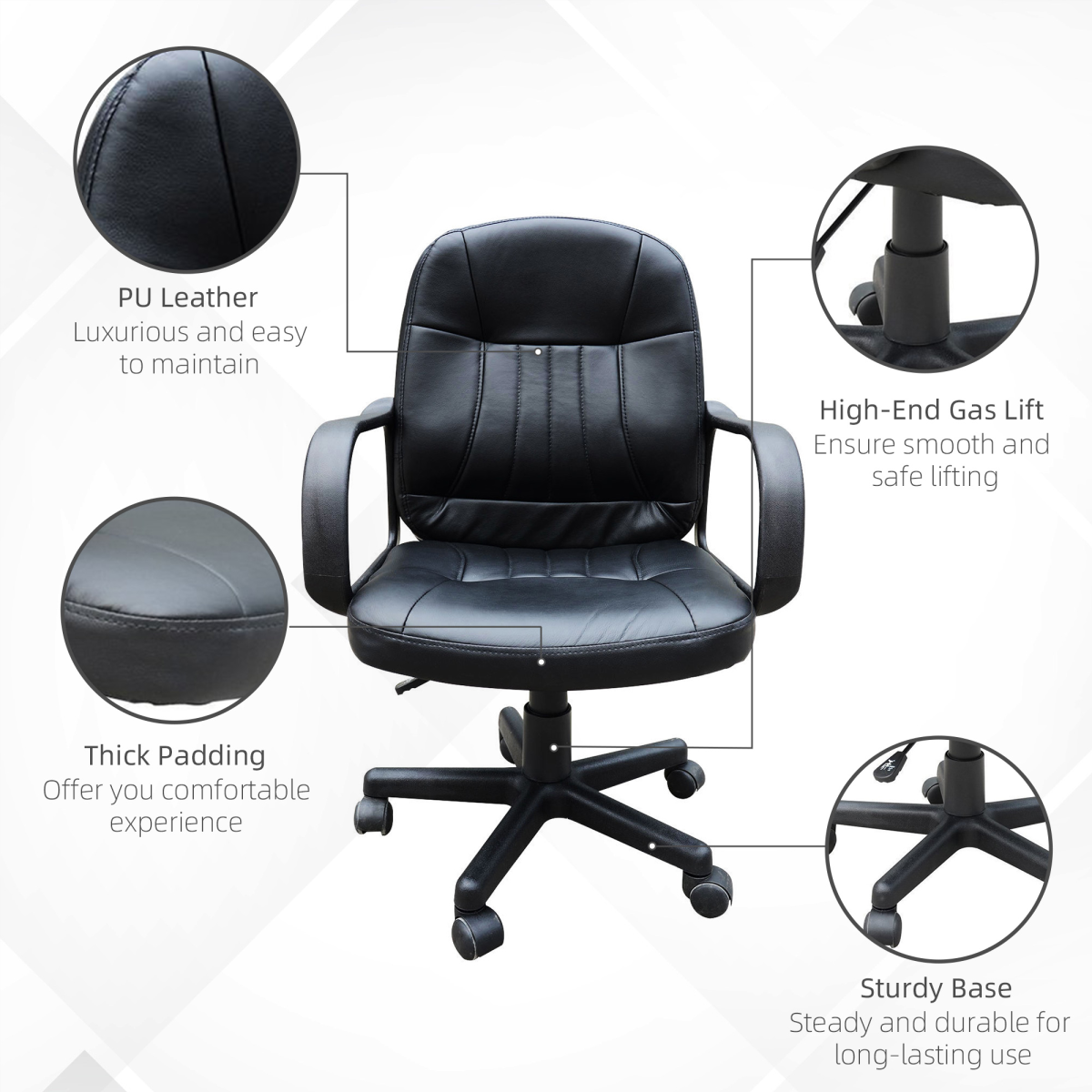 HOMCOM PU Leather Office Chair Swivel  Mid-Back Computer Desk Chair, Black
