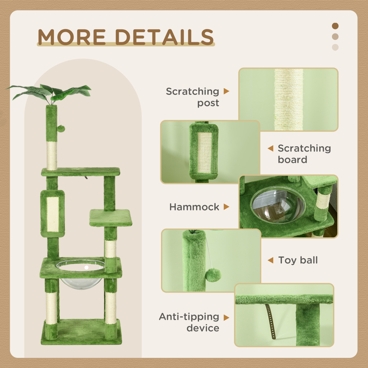 PawHut 142cm Cat Tree Tower with Scratching Post Hammock Ball Platforms Green