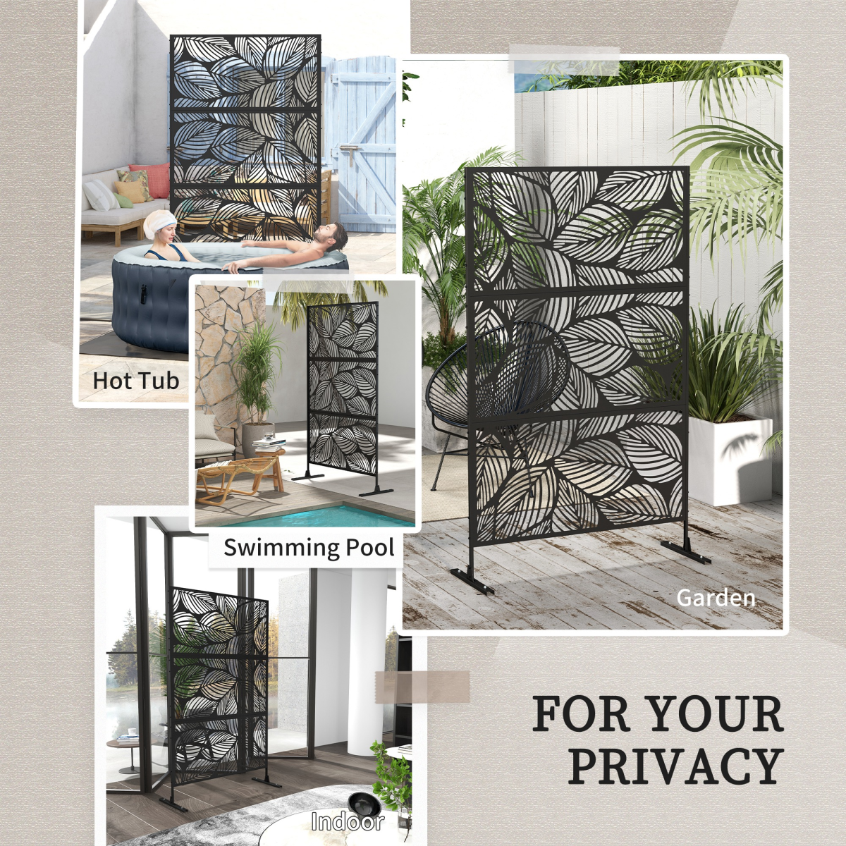 Outsunny 6.5FT Metal Outdoor Privacy Screen Panel with Stand, Leaf Style
