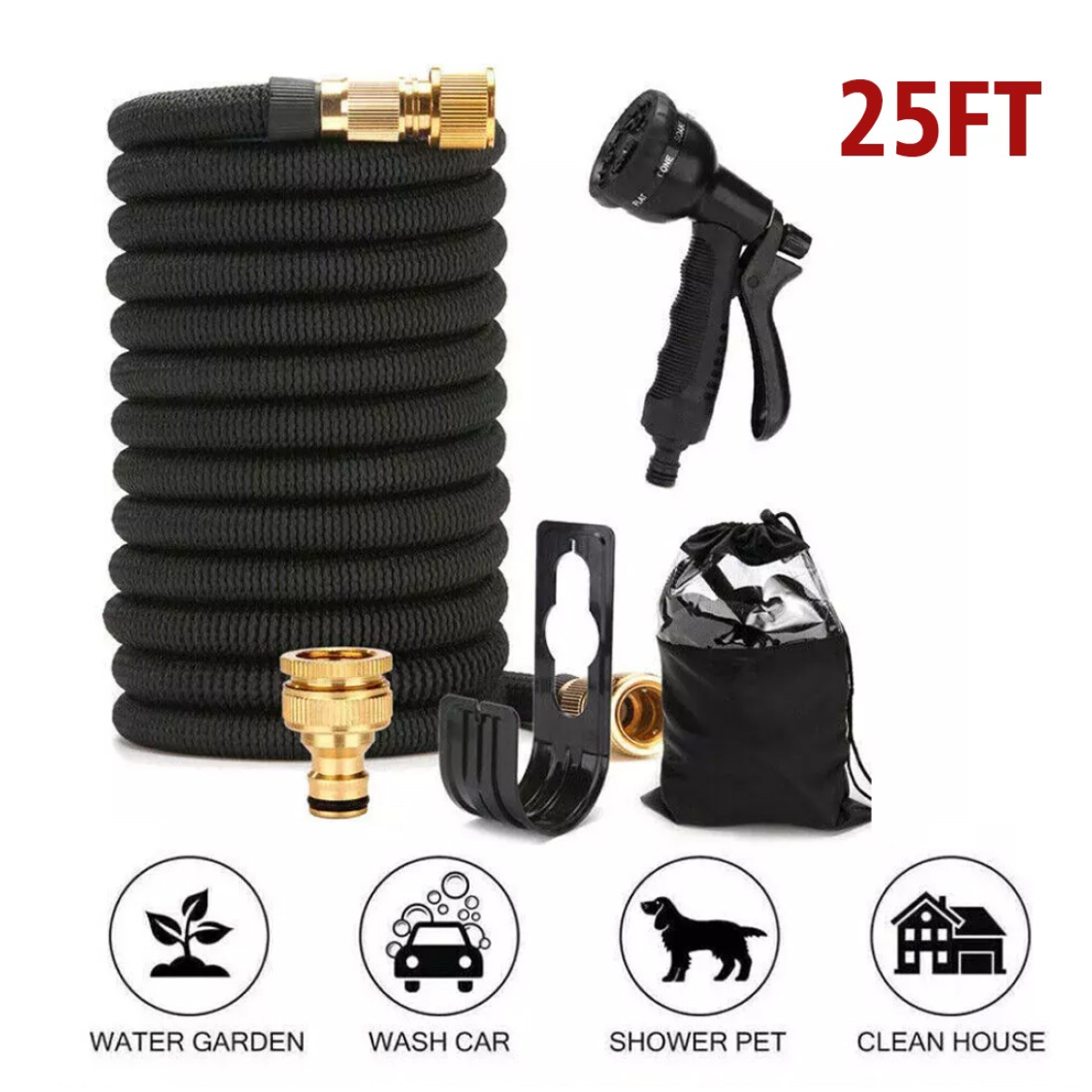 Heavy Duty 25FT Expandable Garden Hose Pipe Flexible With Water Spray Gun UK