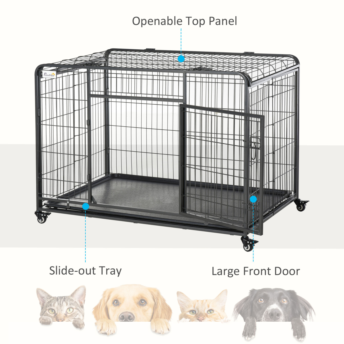 81x125cm Metal Dog Cage Kennel Locking Door & Wheels Extra Large Pets Pawhut