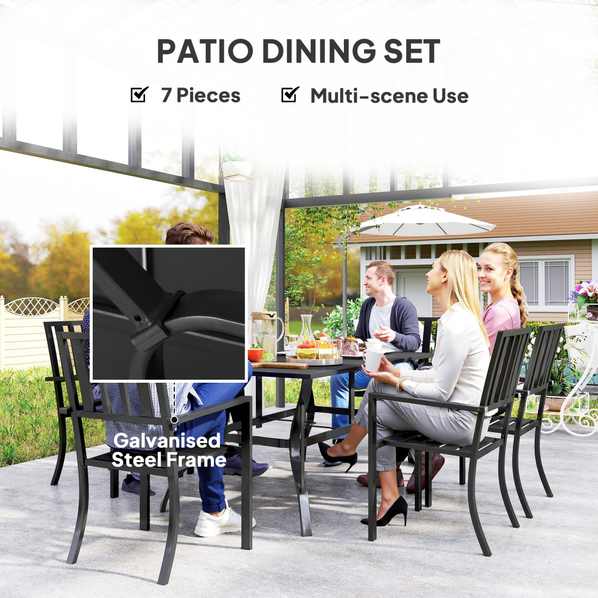 Outsunny 7 Pieces Patio Dining Set with Umbrella Hole, for Poolside, Garden