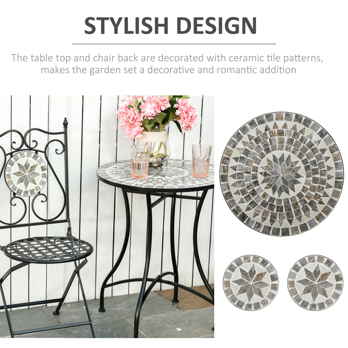 3Pc Mosaic Tile Garden Bistro Set Folding Chairs