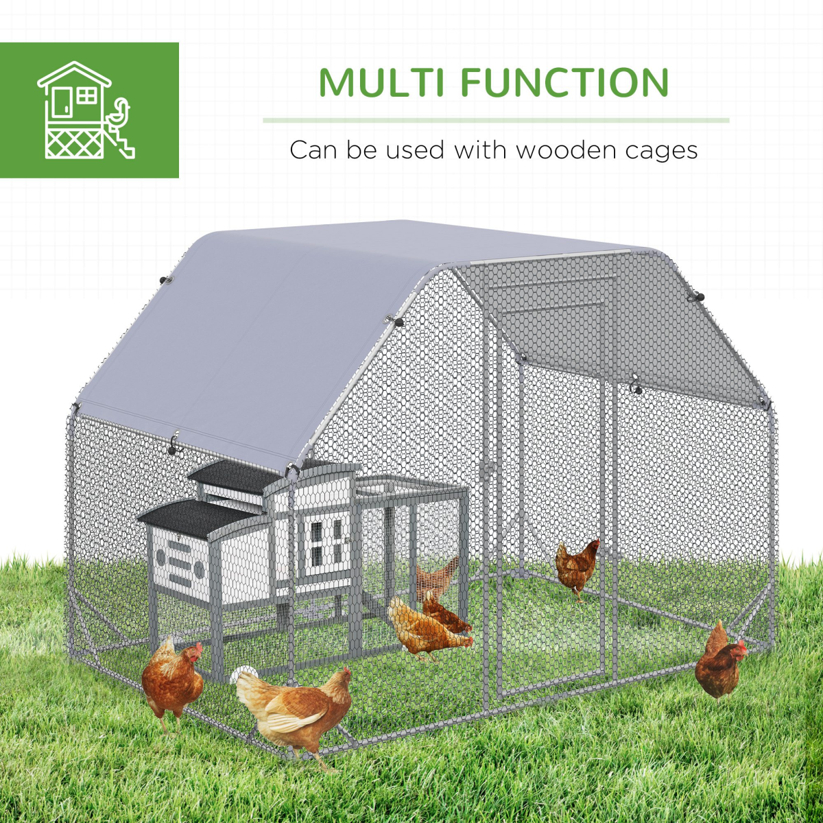Chicken Run W/ Roof, Walk In Chicken Coop for 4-6 Chickens, Hen House