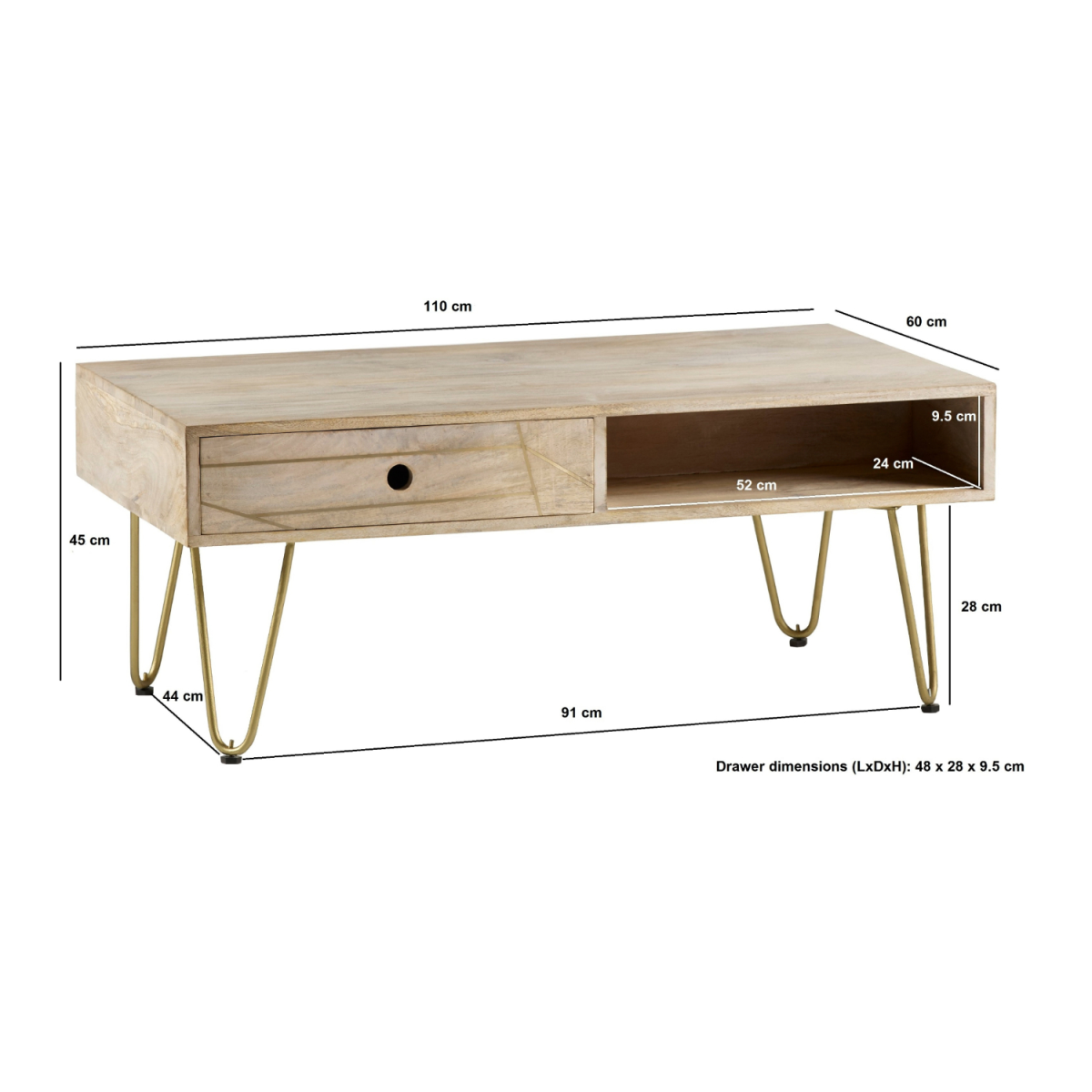 Light Gold Rectangular Coffee Table With Drawer