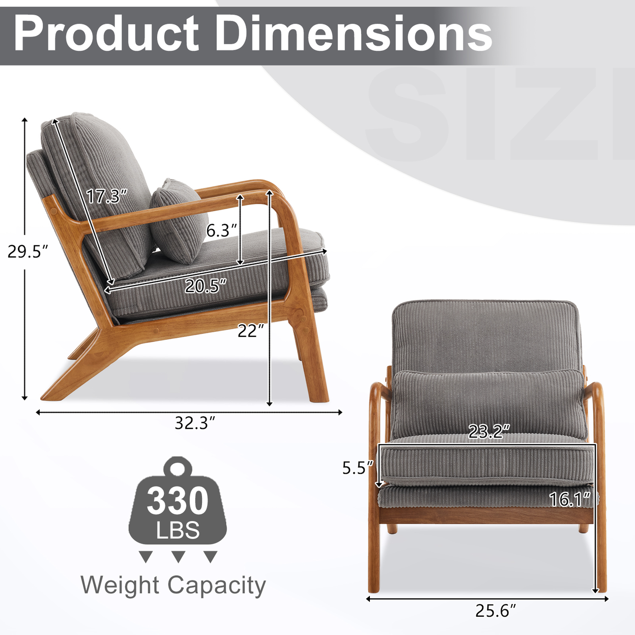 Low Arm Accent Chair - Light Gray Corduroy Upholstered Indoor Lounge Chair, Compact Single Seater with Sturdy Frame (330LBS Weight Capacity)
