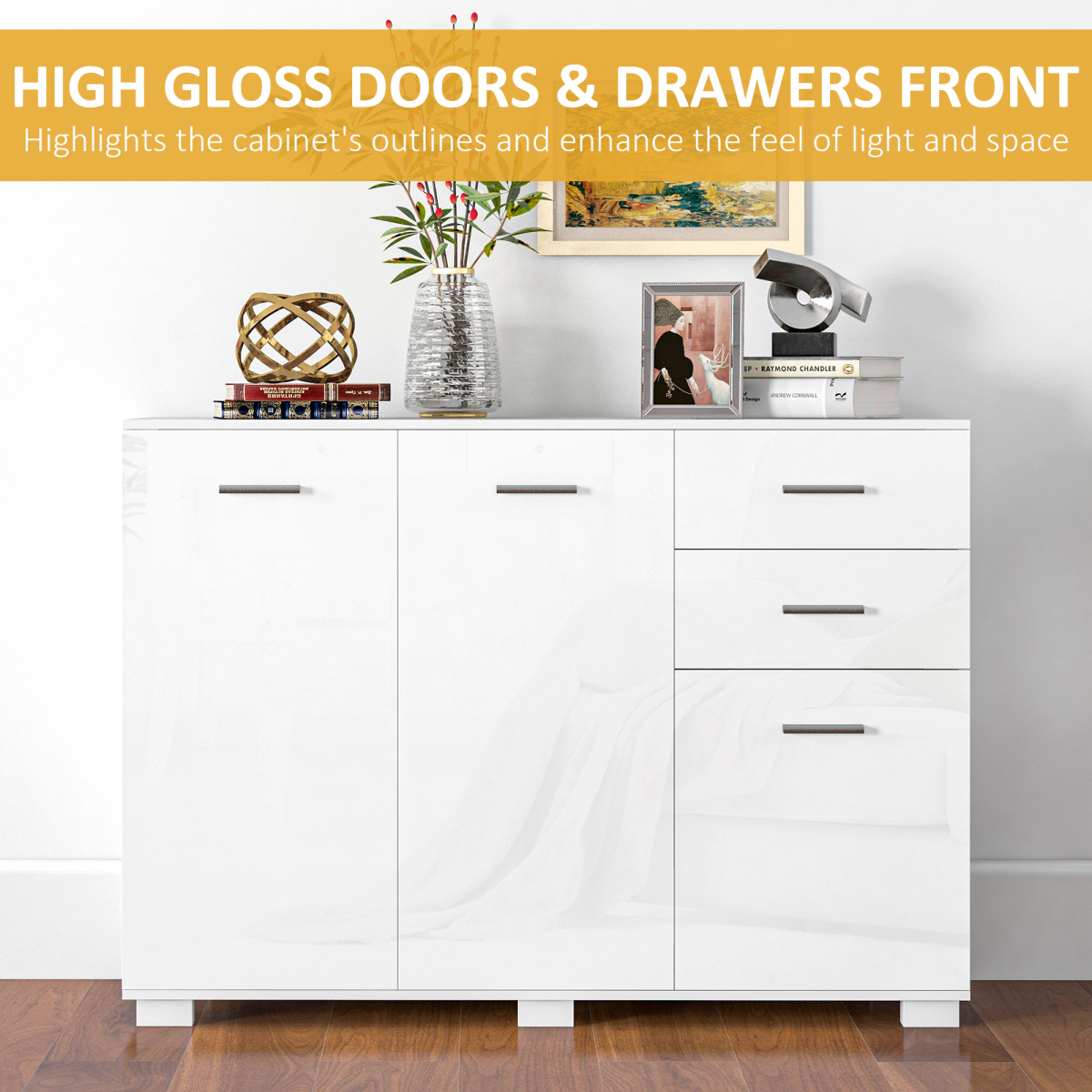 HOMCOM Modern Sideboard Kitchen Storage Cabinet with 2 Drawers and Shelves