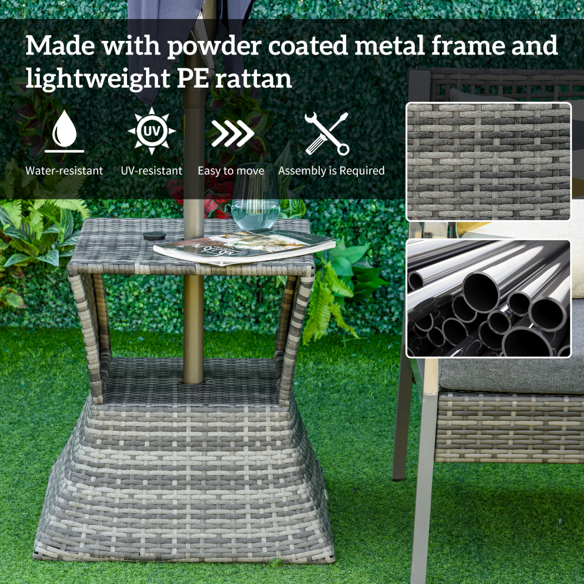 Outsunny Rattan Wicker Tea Coffee Table w/ Umbrella Hole and Storage Space Grey